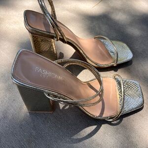 Fashion Nova gold heels, shoes for women size 7.5